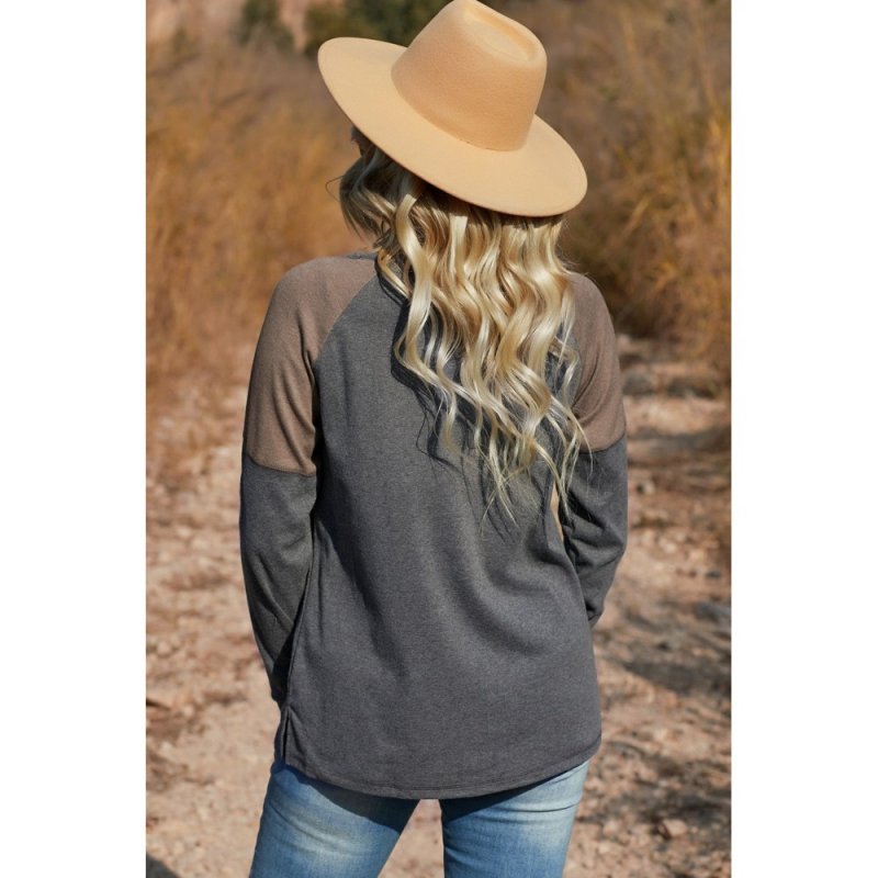 Dark Gray Color Block Raglan Sleeve Top - from category Long Sleeve Tops