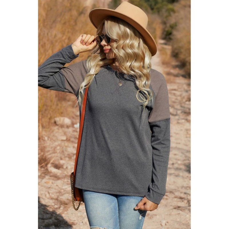 Dark Gray Color Block Raglan Sleeve Top - from category Long Sleeve Tops