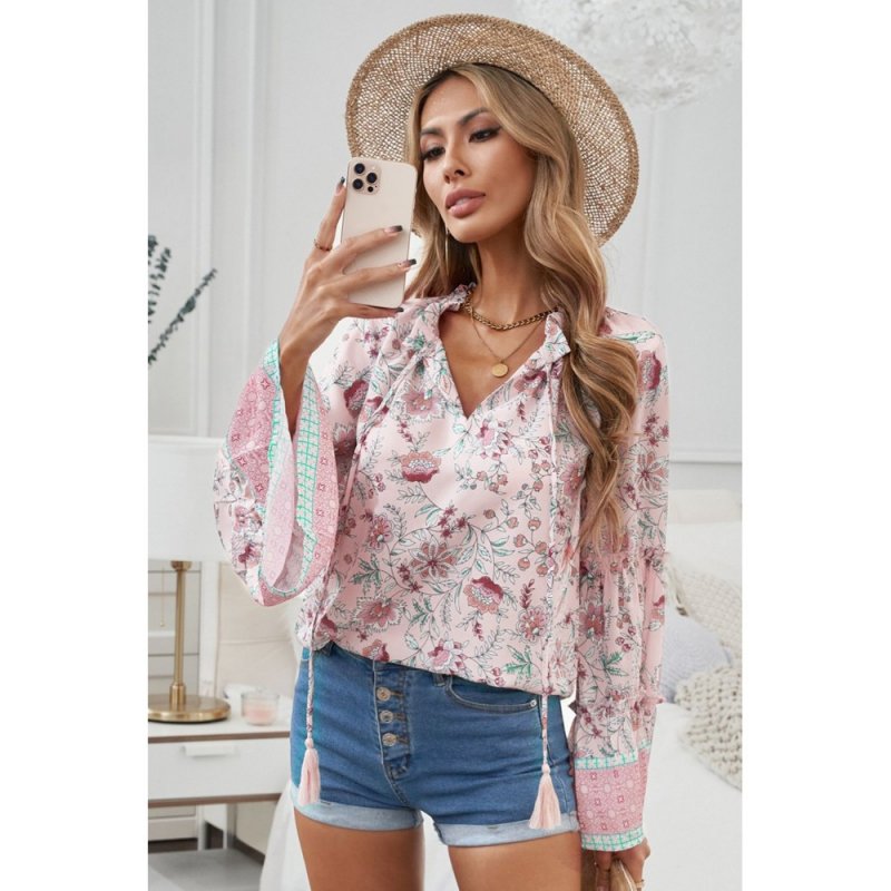 Pink Floral Print V Neck Drawstring Flared Sleeve Top - from category Long Sleeve Tops