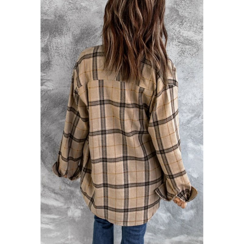 Brown Button-up Long Sleeve Plaid Shacket - from category Jackets & Coats