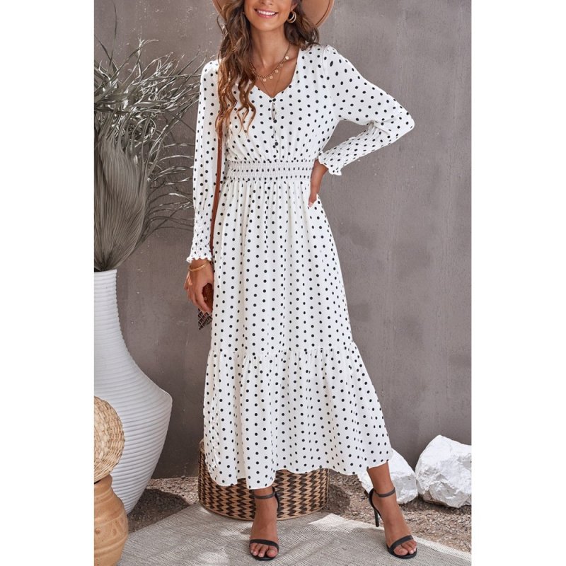 White V Neck Lantern Sleeve Elastic Waist Polka Dot Dress - from category Maxi Dresses