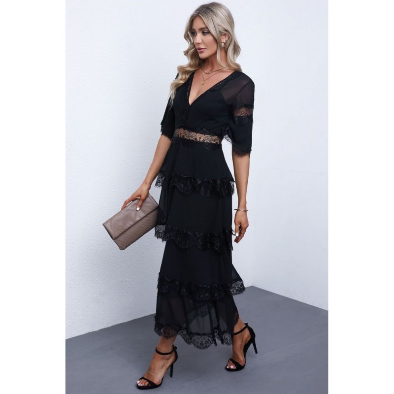 Black Swiss Dot Print See-through Lace Patch Layered Long Dress - from category Midi Dresses