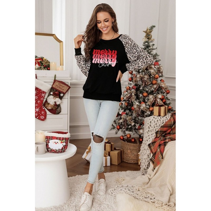 Christmas Letter Print Leopard Long Sleeve Shirt - from category Long Sleeve Tops