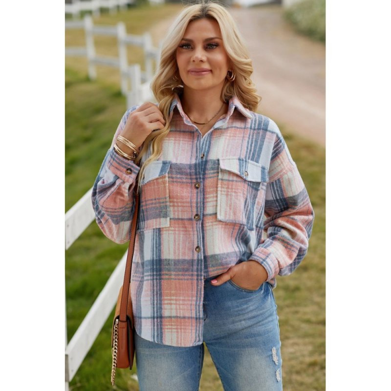 Pink Plaid Flap Pockets Shacket - from category Jackets & Coats