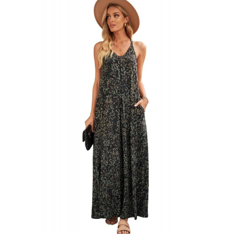 Green Leopard Sleeveless Cut-out Pocketed Maxi Dress - from category Maxi Dresses