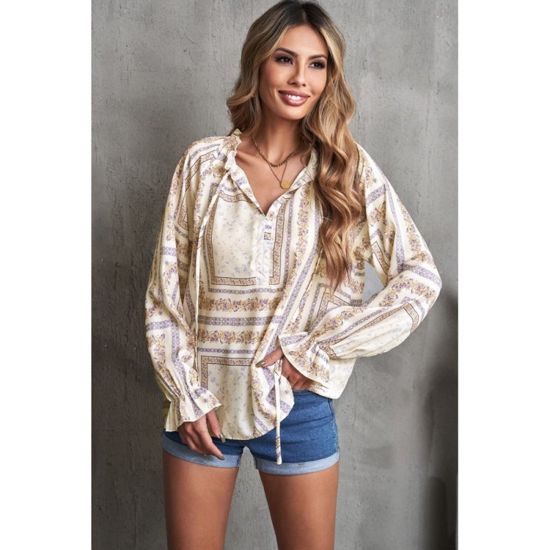 Beige V Neck Lantern Sleeve Drawstring Tribal Print Top - from category Long Sleeve Tops