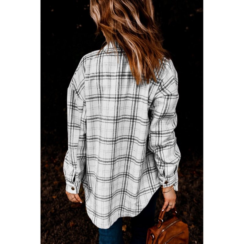 Black Plaid Pattern Buttoned Shirt Coat with Slits