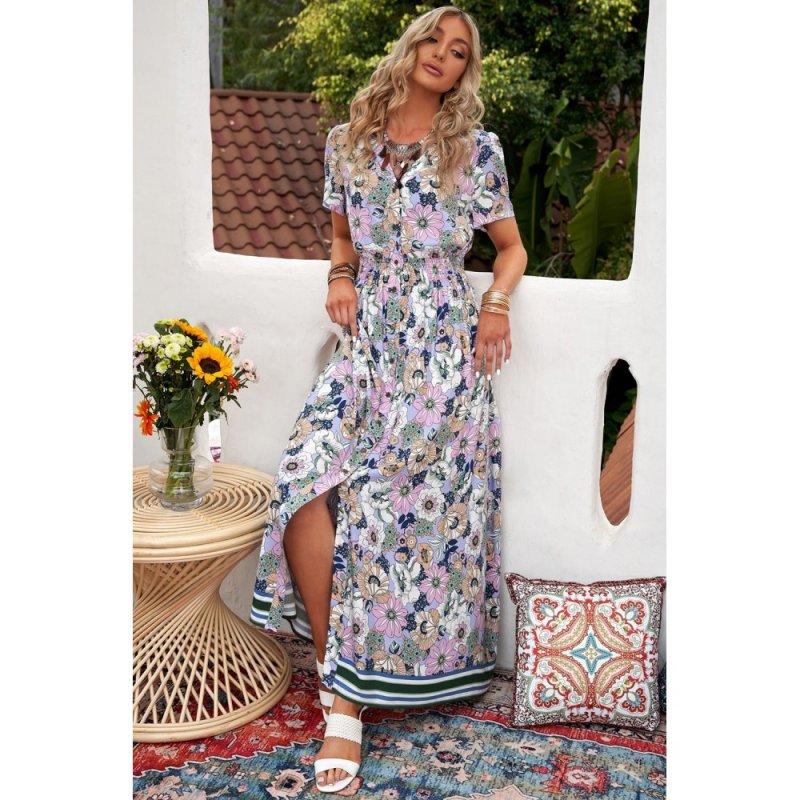 Purple Buttons Closure Floral Short Sleeves Maxi Dress - from category Maxi Dresses