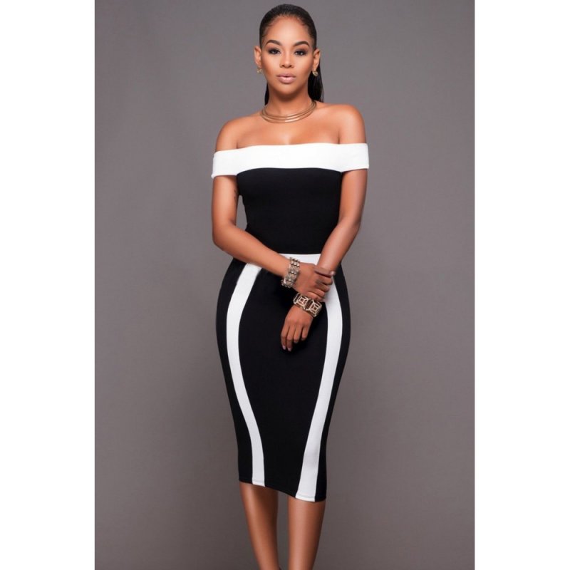 Black White Patchwork Bandeau Boat Neck Off Shoulder Midi Dress