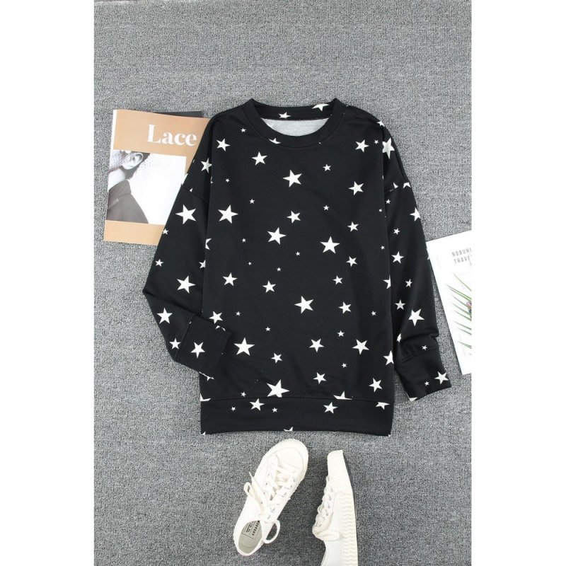 Black Give A Little Love Crew Neck Star Print Long Sleeve Top - from category Long Sleeve Tops