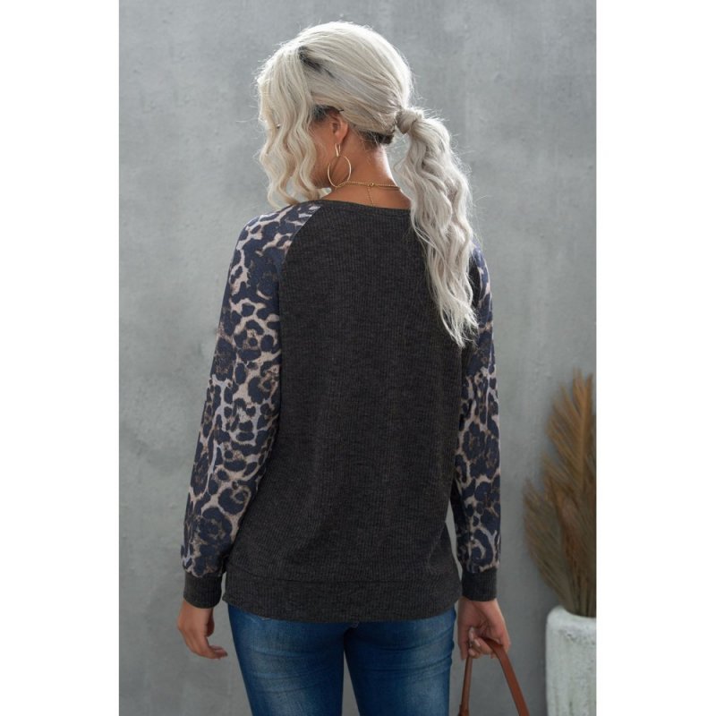 Gray Leopard Patch Ribbed Loose Long Sleeve Blouse - from category Long Sleeve Tops