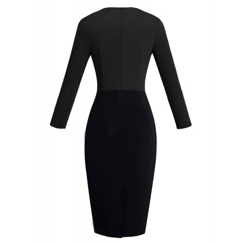 Black Contrast Waist Long Sleeve Sheath Dress - from category Midi Dresses