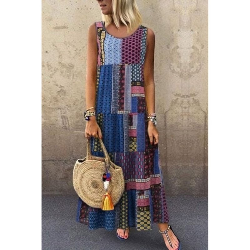 Blue Bohemian Splicing Round Neck Sleeveless Dress - from category Maxi Dresses