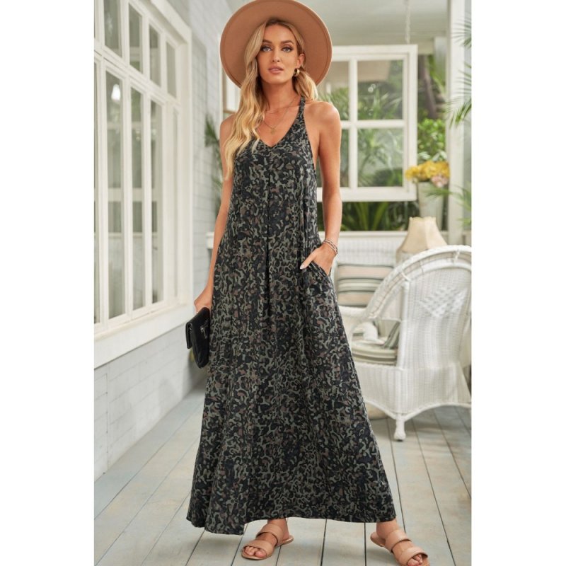 Green Leopard Sleeveless Cut-out Pocketed Maxi Dress - from category Maxi Dresses