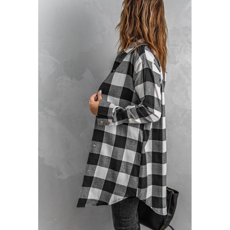 Black Turn-down Collar Plaid Shirt Coat - from category Jackets & Coats