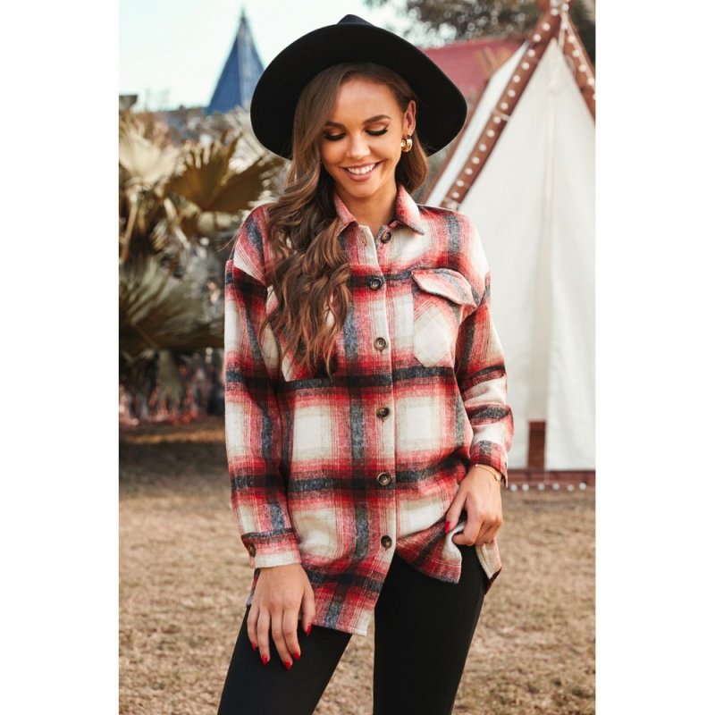 Red Turn down Neck Plaid Pocket Button Closure Coat - from category Jackets & Coats