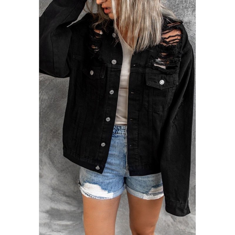 Black Distressed Buttons Chest Pockets Denim Jacket