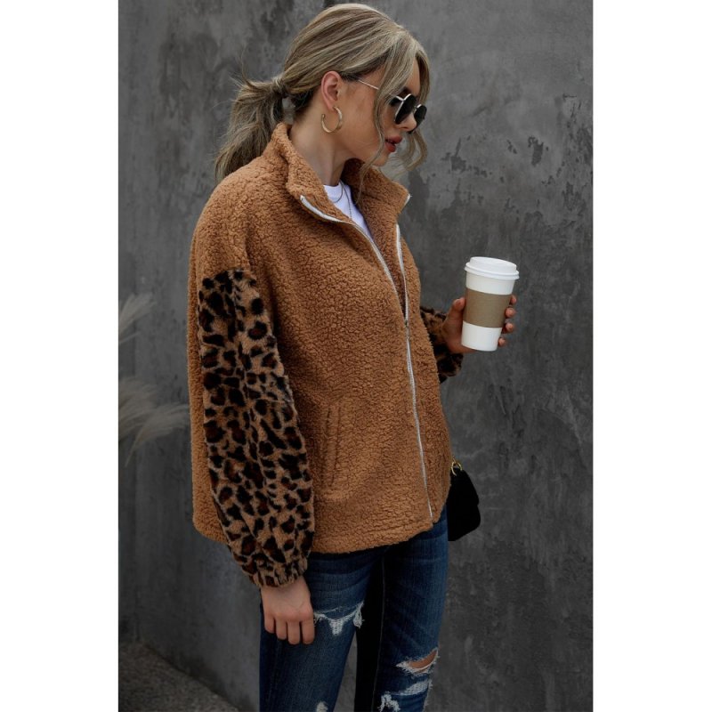 Brown Leopard Raglan Sleeve Zipped Sherpa Coat - from category Jackets & Coats