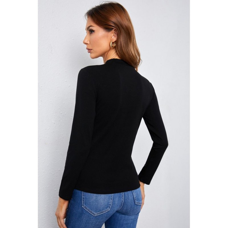 Black Mock Neck Lace Insert Slim Fit Long Sleeve Basic T Shirt - from category Long Sleeve Tops