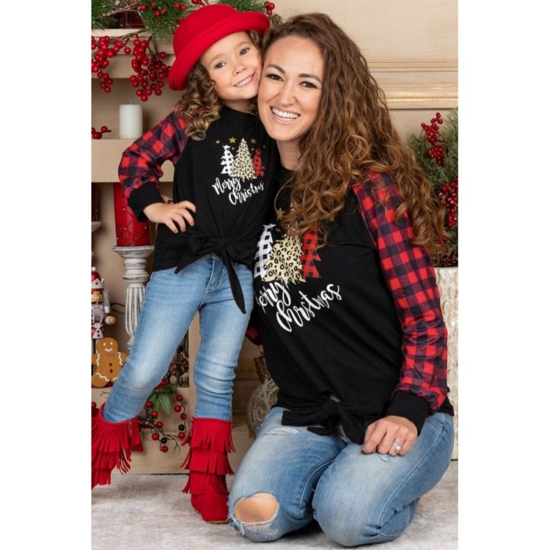 Family Matching Mom's Plaid Christmas Print Tie Knot Long Sleeve Top - from category Long Sleeve Tops