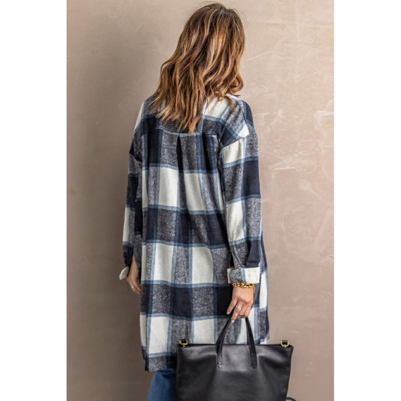 Black Shirt Collar Button Closure Plaid Coat