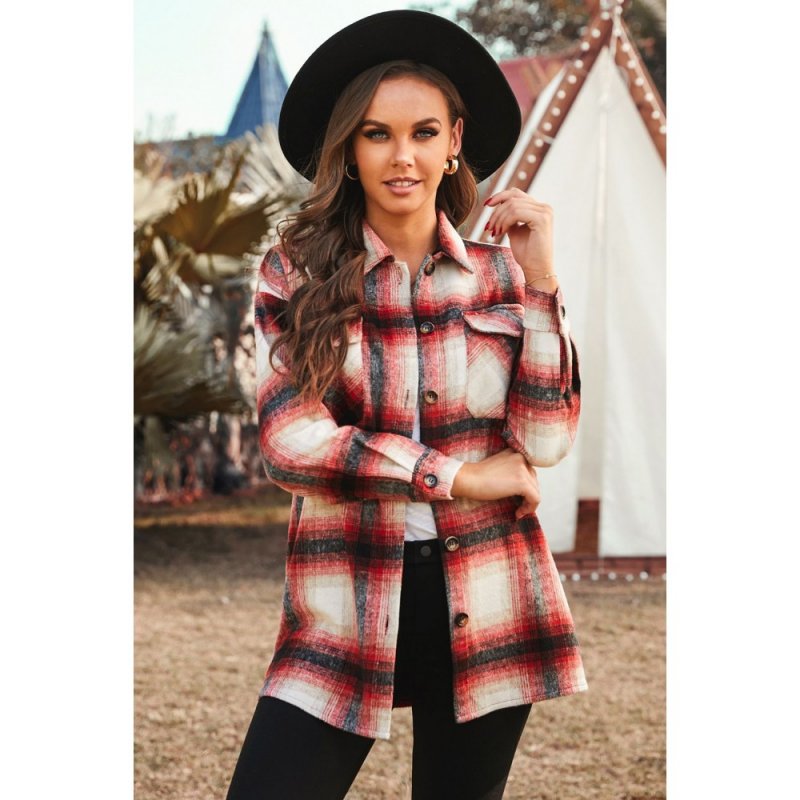 Red Turn down Neck Plaid Pocket Button Closure Coat - from category Jackets & Coats