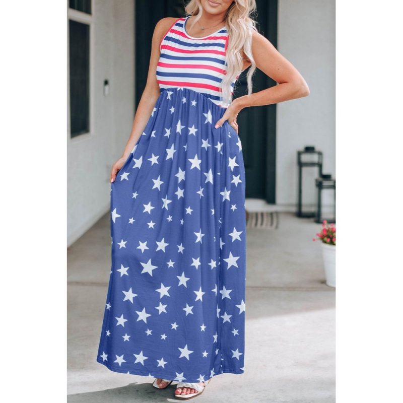 Blue Stripes and Stars Sleeveless Maxi Dress with Pockets - from category Maxi Dresses