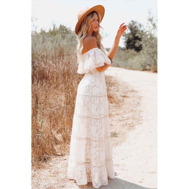 White Off-the-shoulder Ruffled Lace Maxi Dress