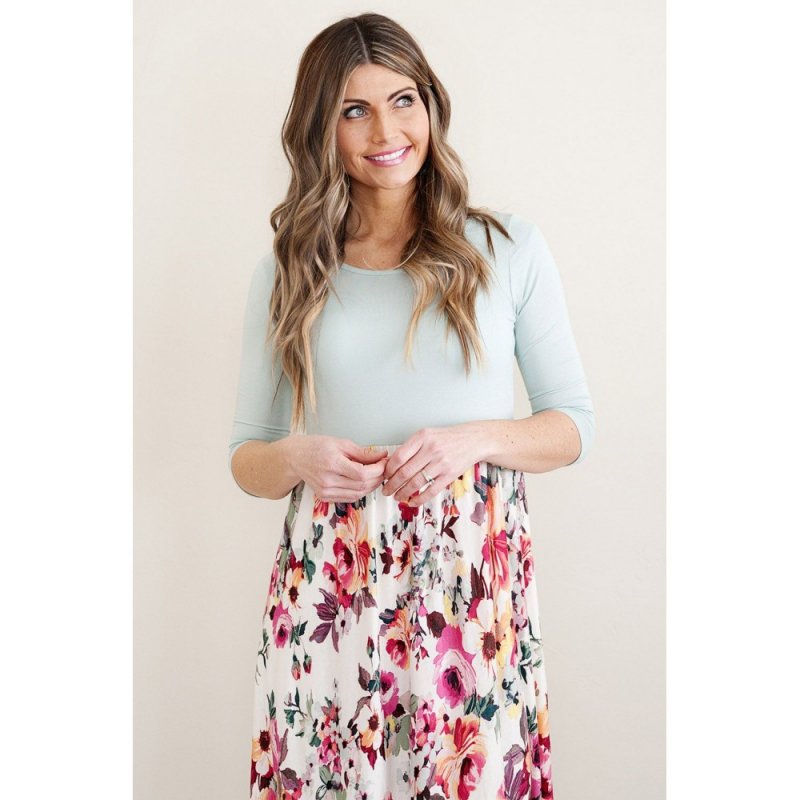 Grey Solid Bodice Floral Bottom Midi Dress - from category Midi Dresses