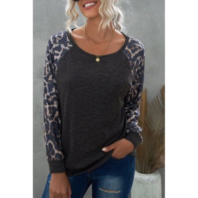 Gray Leopard Patch Ribbed Loose Long Sleeve Blouse - from category Long Sleeve Tops