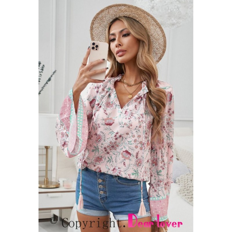 Pink Floral Print V Neck Drawstring Flared Sleeve Top - from category Long Sleeve Tops