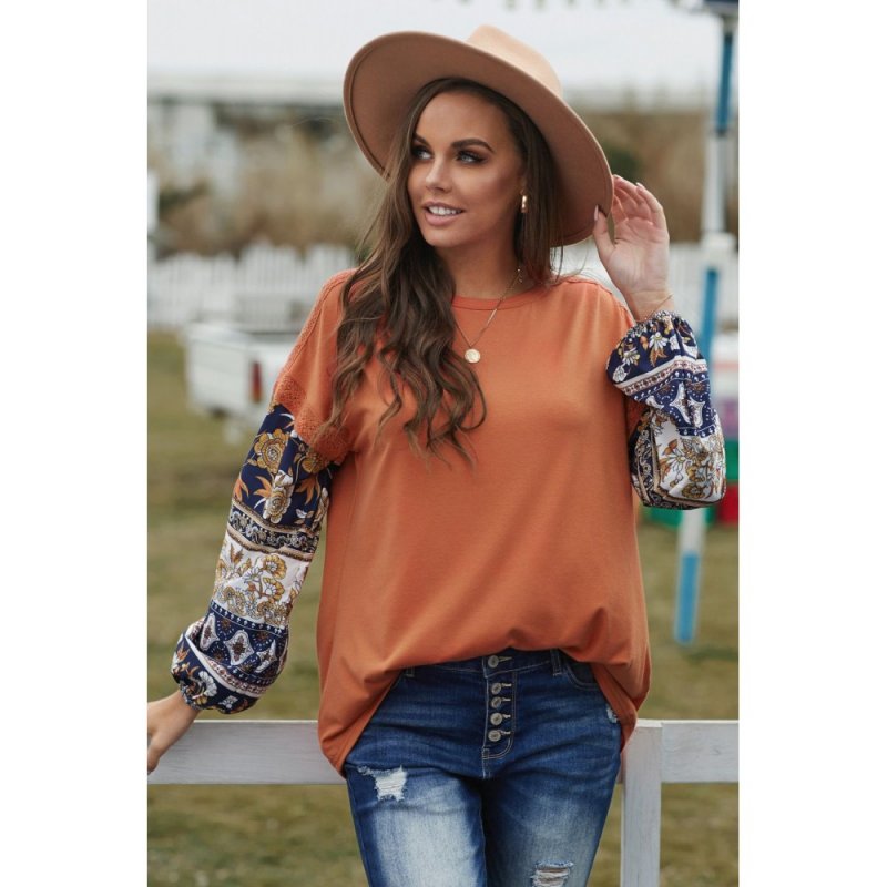 Brown Boho Floral Print Balloon Sleeve Top with Lace Details - from category Long Sleeve Tops