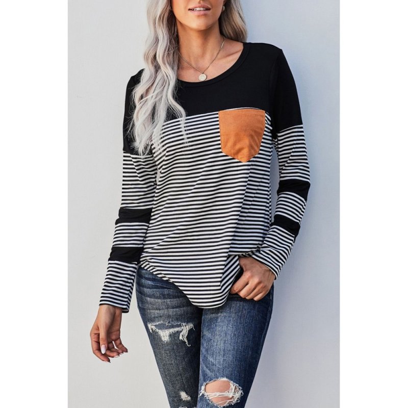 Black Pinstripe Patch Pocket Top - from category Long Sleeve Tops