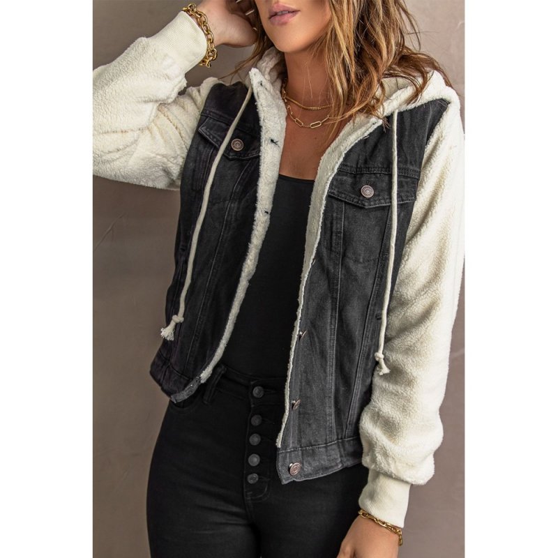 Black Sherpa Denim Splicing Buttoned Jacket