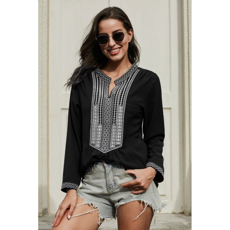 Black Long Sleeves Front Embroidery Blouse