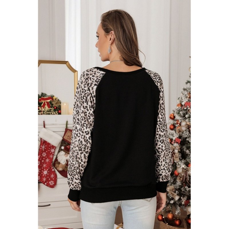 Christmas Letter Print Leopard Long Sleeve Shirt - from category Long Sleeve Tops