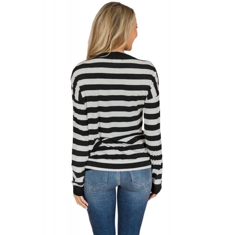 Button On Shoulders Black Striped Long Sleeve Top - from category Long Sleeve Tops