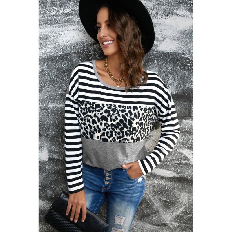 Striped Leopard Block Splicing Long Sleeve Top - from category Long Sleeve Tops