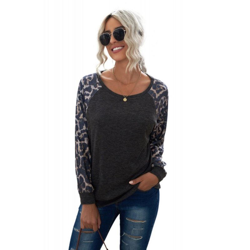 Gray Leopard Patch Ribbed Loose Long Sleeve Blouse - from category Long Sleeve Tops