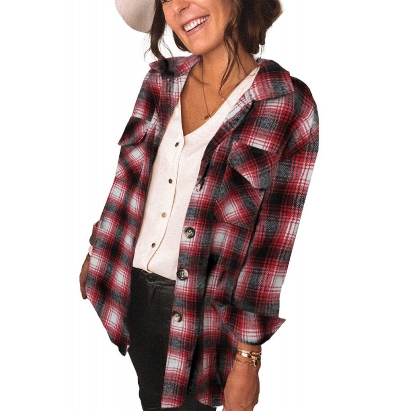 Red Plaid Button Closure Pocket Jacket - from category Jackets & Coats