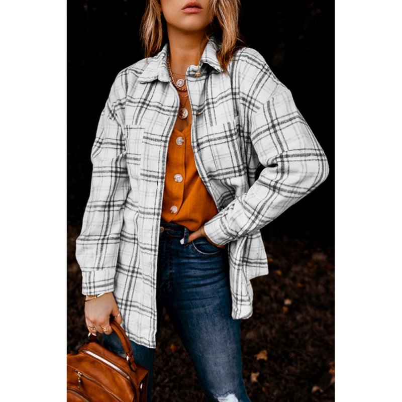 Black Plaid Pattern Buttoned Shirt Coat with Slits