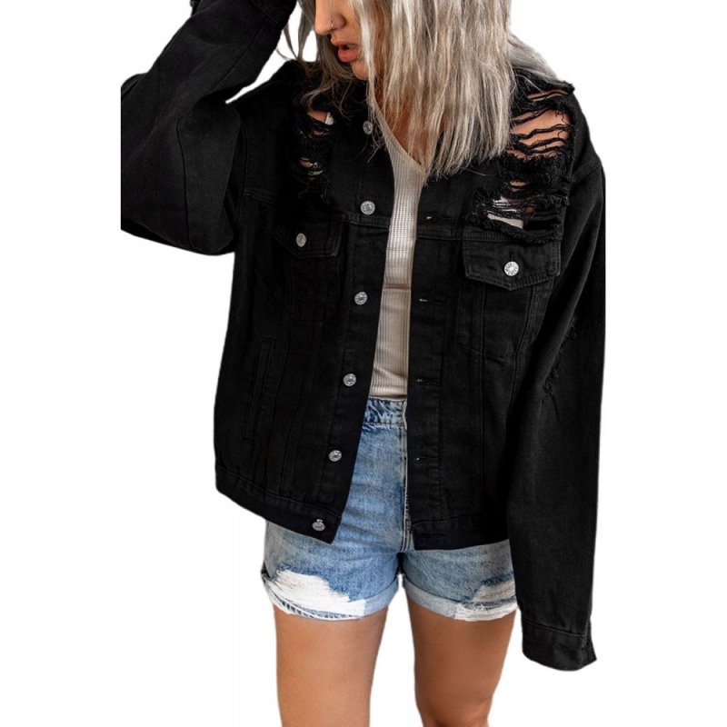 Black Distressed Buttons Chest Pockets Denim Jacket