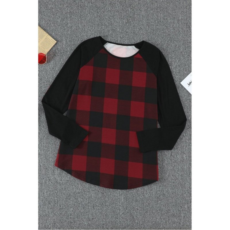 Red Plaid Long Sleeve Top with Elbow Patch - from category Long Sleeve Tops