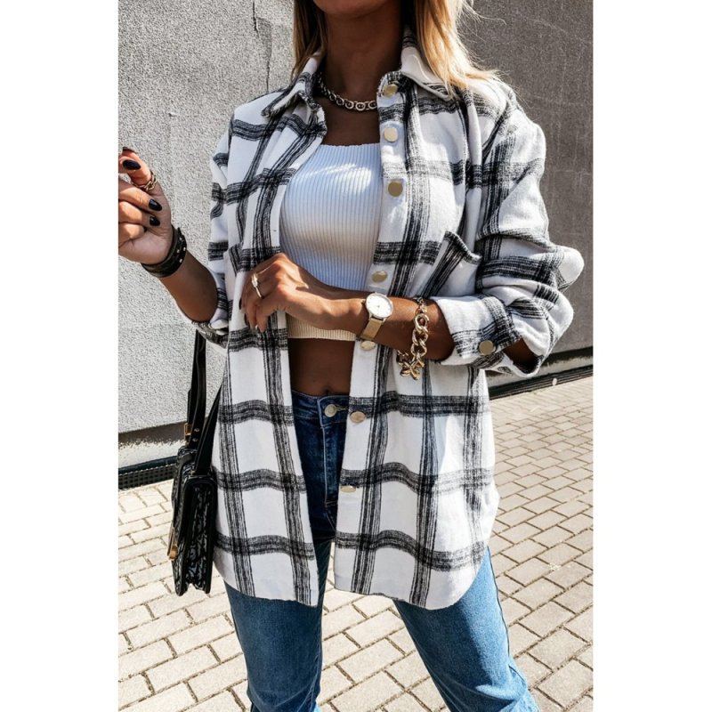 Black Plaid Pattern Buttoned Shirt Coat with Slits