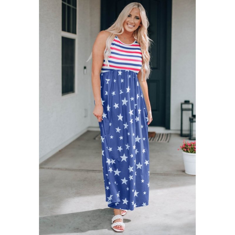 Blue Stripes and Stars Sleeveless Maxi Dress with Pockets - from category Maxi Dresses