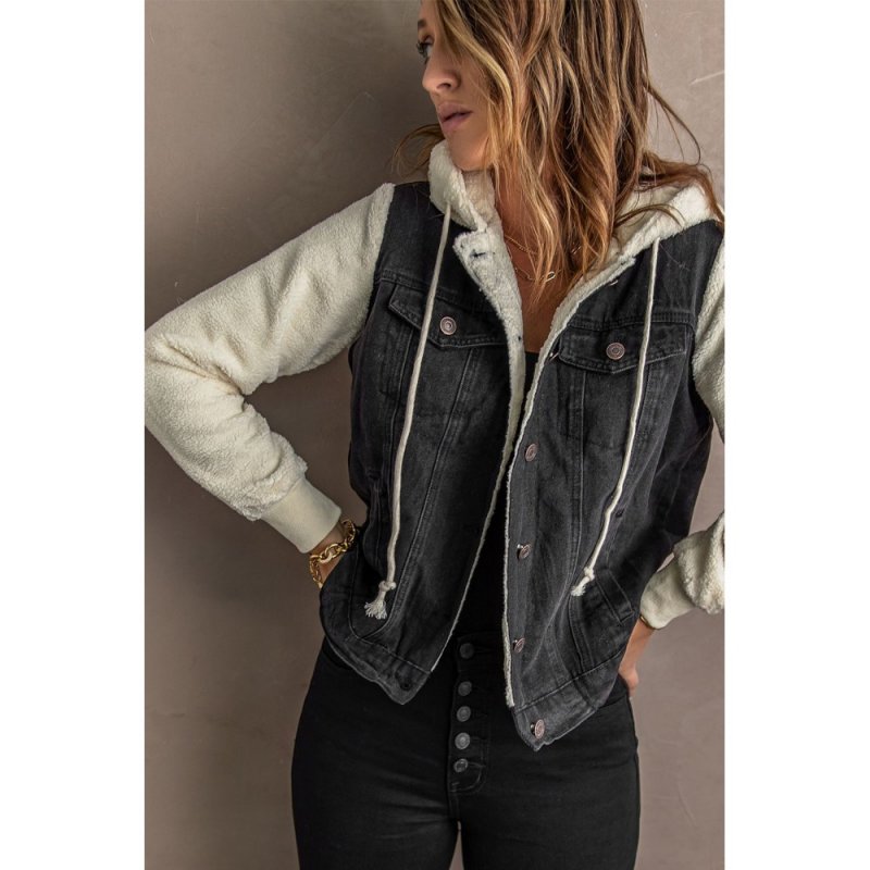 Black Sherpa Denim Splicing Buttoned Jacket