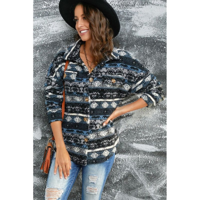 Blue Tribal Print Pocket Buttoned Sherpa Jacket - from category Jackets & Coats