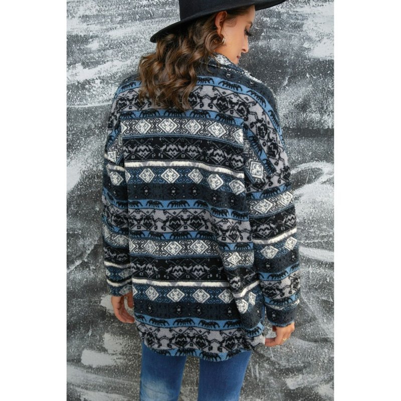 Blue Tribal Print Pocket Buttoned Sherpa Jacket - from category Jackets & Coats