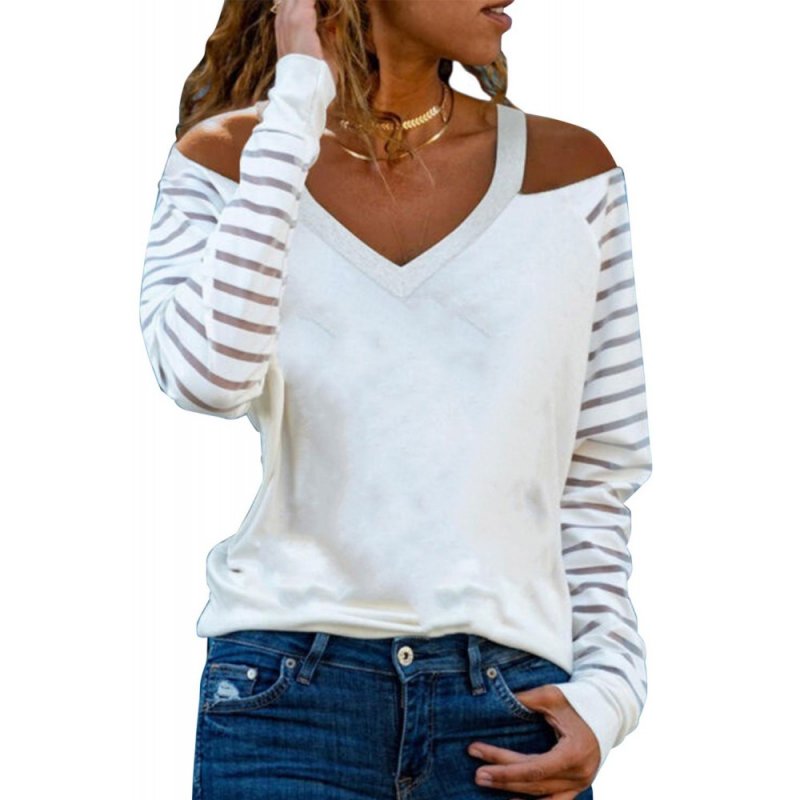 Mesh Striped Cut-out Cold Shoulder Long Sleeve T-shirt - from category Long Sleeve Tops