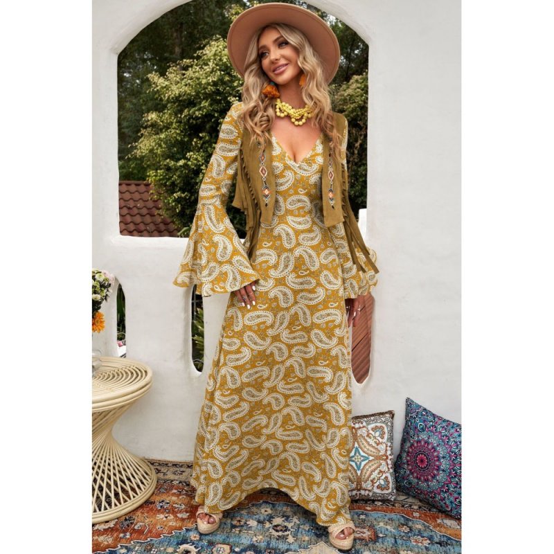 Yellow Bohemian V Neck Bell Sleeves Paisley Print Maxi Dress - from category Maxi Dresses